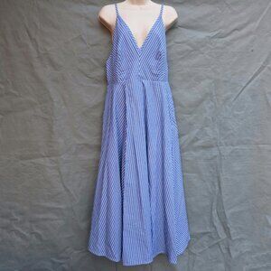COS Blue Striped A-Line Cotton Midi Sun Slip Dress Women's Size 10 V-Neck